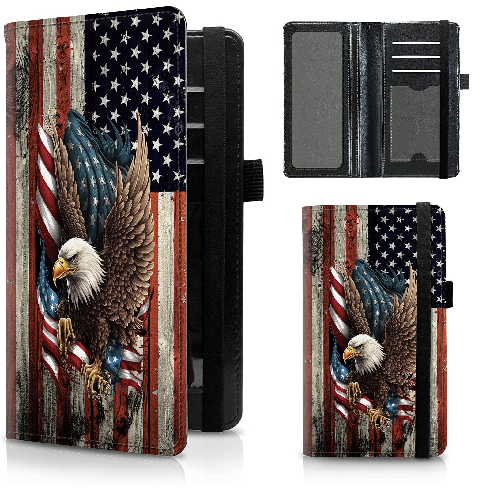 FUYOCWE Leather Checkbook Cover for Men Women Check book Holder Cover Wallets for Personal Checkbook Duplicate Checks with RFID Blocking & Elastic Strap-Bald Eagle with Flag