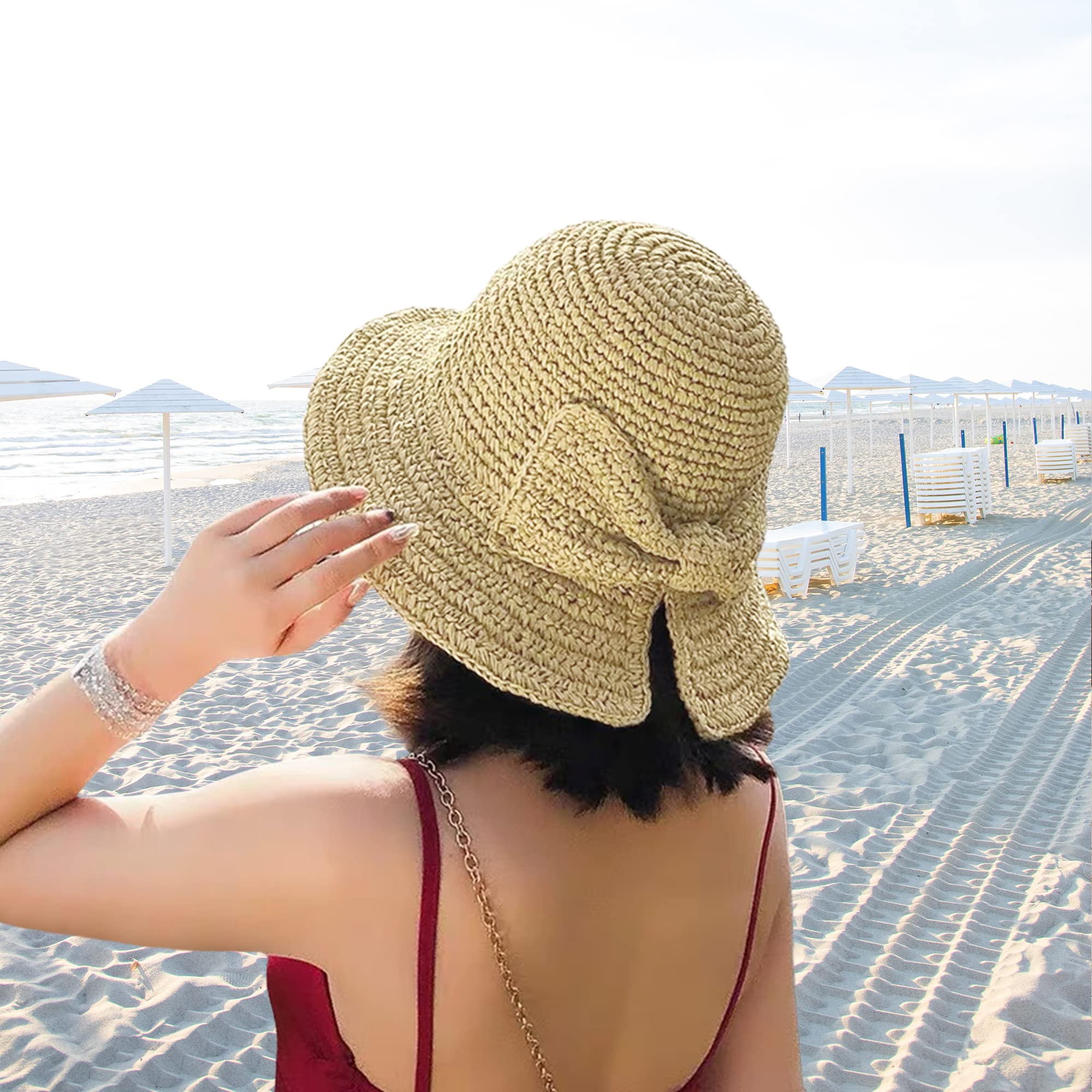 Floppy Straw Sun Hat Foldable Packable Wide Brim Summer Beach Hat Crochet Bucket Hat with Bow for Women (B Beige)