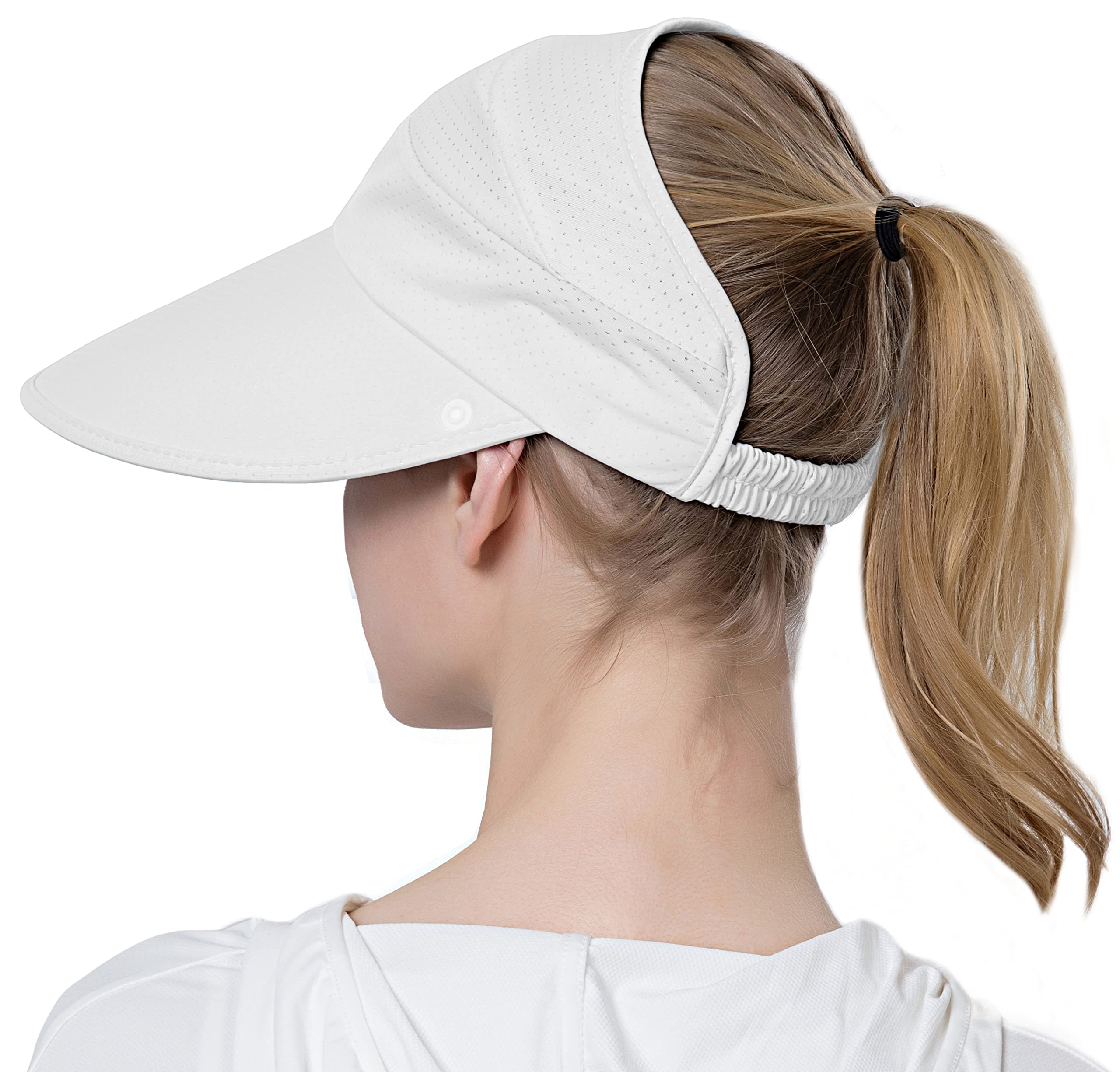 Muryobao Womens Baseball Sun Hat Outdoor Wide Brim UV Protection Foldable Ponytail Mesh Summer Visor Cap with Removable Neck Face Flap for Garden Beach Travel White