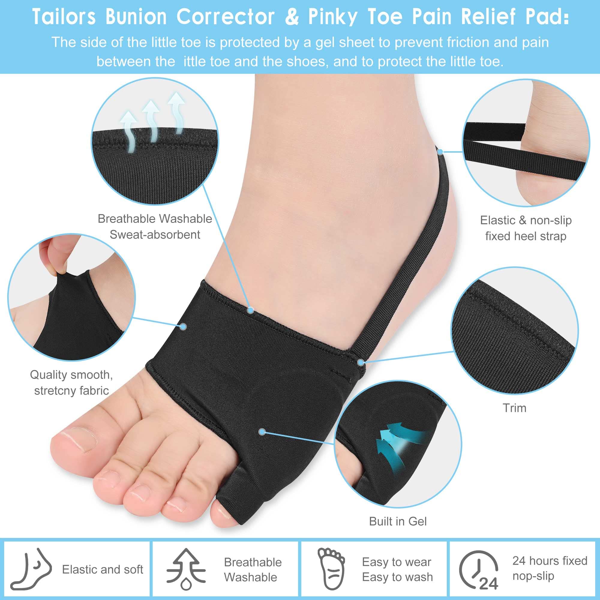 DYKOOK Tailors Bunion Corrector 1Pair Bunionette Sleeves Built-in Gel Pads Silicone Cover Guard With Non-slip Strap to Relief Bunion Pinky Toe Pain, Straighten Bunionette,Overlapping toe(Black-Large)