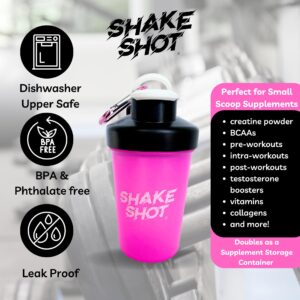 Shake Shot - Pink - 4oz Mini Shaker Bottle for Pre Workout, Creatine, & Small Scoop Supplements Carabiner & Shaker Ball Included