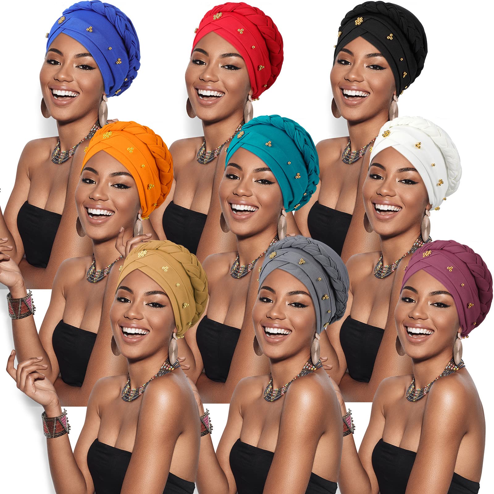 9 Pcs Women Turban Braid Headscarf Braid Turban Wrap Pre Tied Twisted Braid Hair Covered Hat Beanie Beaded Headband Headwear One Size Multicolor Cap(Fresh)