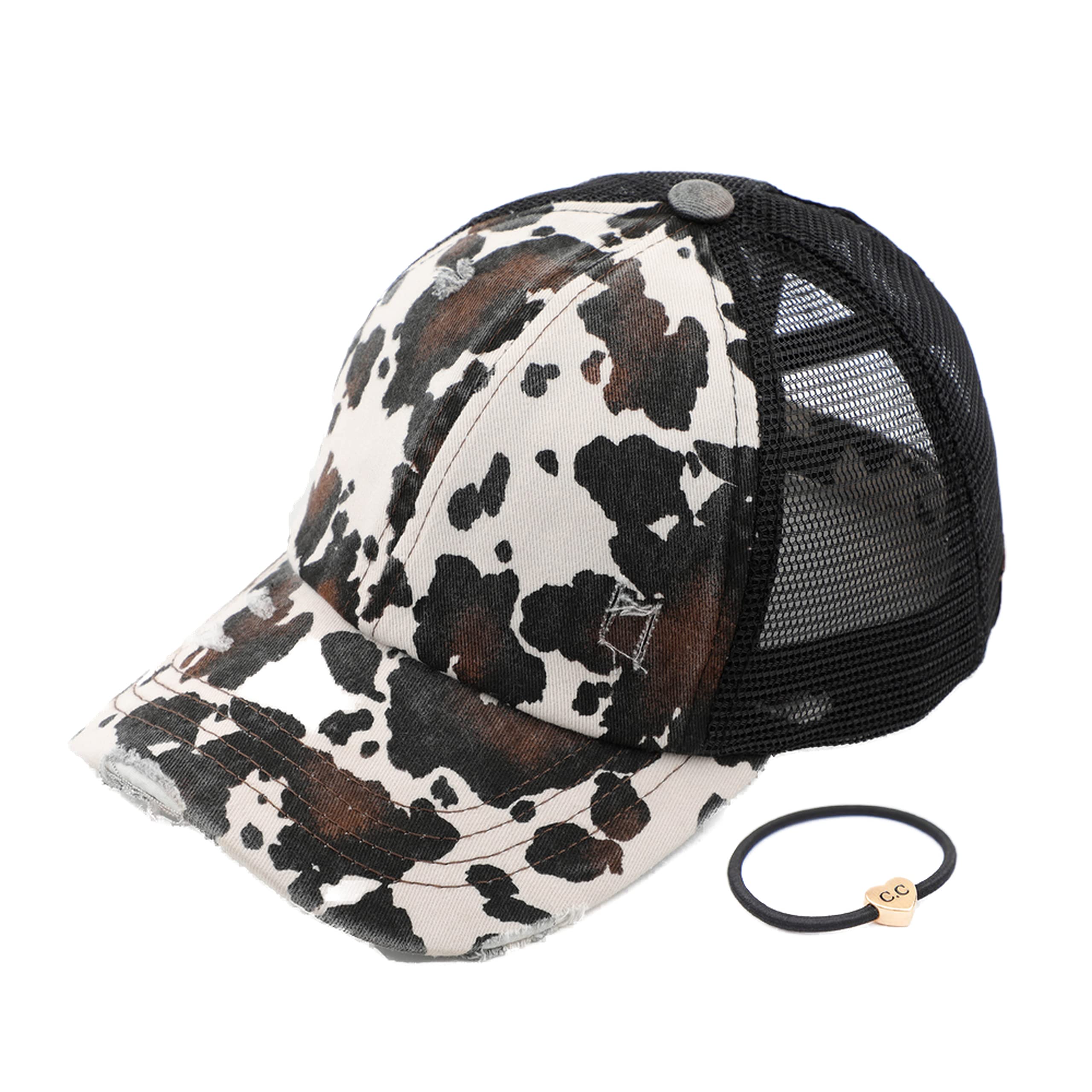 C.C Exclusives Washed Distressed Embroidered Patch Cotton Criss-Cross Ponytail Hat Adjustable Baseball Cap (BT-938) (A Crossed Elastic Band-Cow Black)