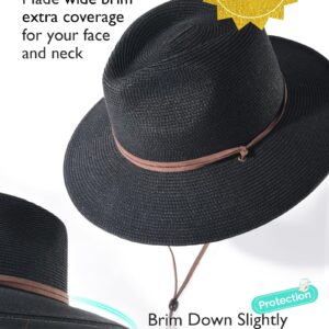 FURTALK Womens Summer Straw Sun Hats Wide Brim Panama Fedora Beach Hat with Wind Lanyard UPF 80+ Black