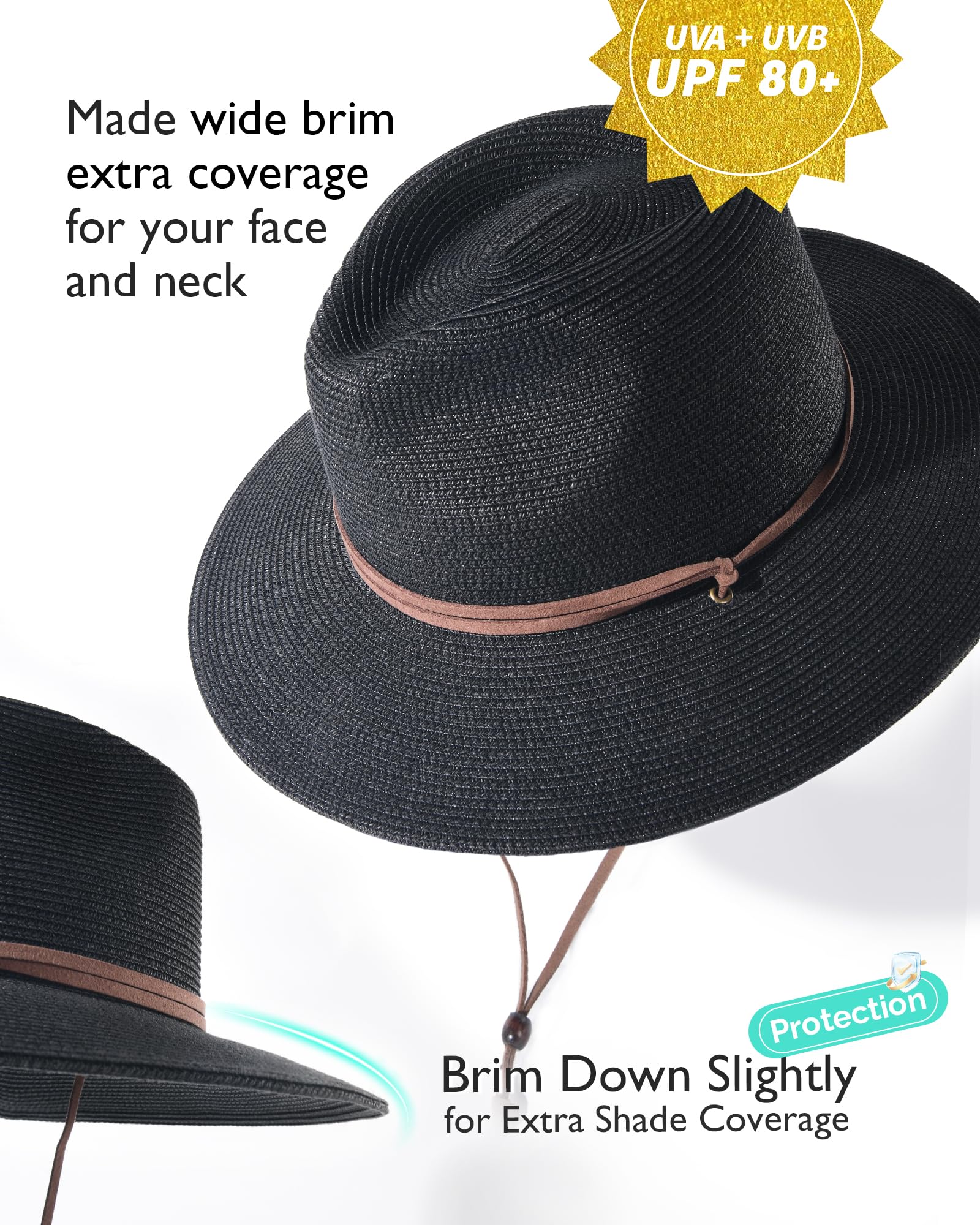 FURTALK Womens Summer Straw Sun Hats Wide Brim Panama Fedora Beach Hat with Wind Lanyard UPF 80+ Black