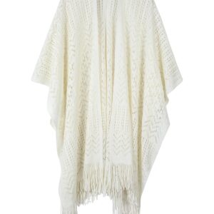 BOCOSO Knit Shawl Wraps Tassel Open Front Poncho Cape for Women, Ladies Fringed Knitted Cardigan White