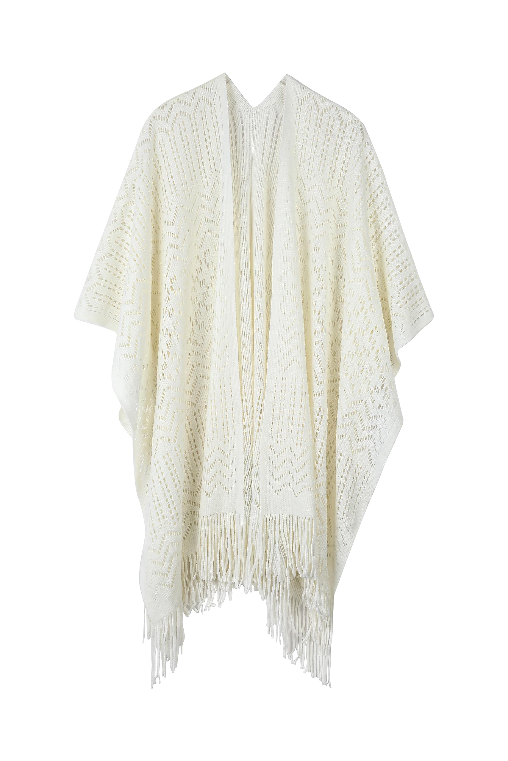 BOCOSO Knit Shawl Wraps Tassel Open Front Poncho Cape for Women, Ladies Fringed Knitted Cardigan White