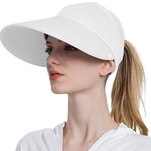 Muryobao Womens Baseball Sun Hat Outdoor Wide Brim UV Protection Foldable Ponytail Mesh Summer Visor Cap with Removable Neck Face Flap for Garden Beach Travel White