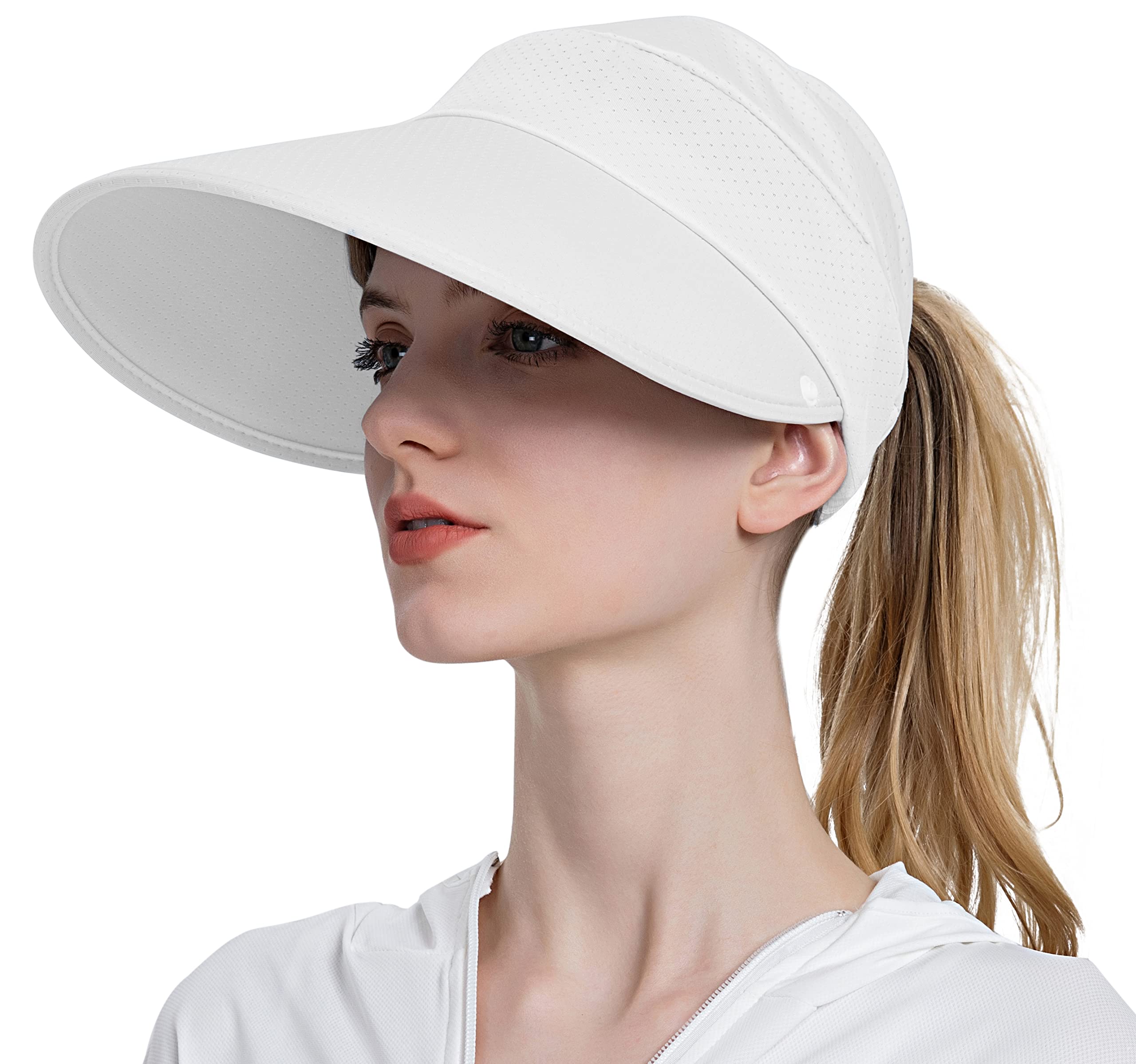 Muryobao Womens Baseball Sun Hat Outdoor Wide Brim UV Protection Foldable Ponytail Mesh Summer Visor Cap with Removable Neck Face Flap for Garden Beach Travel White