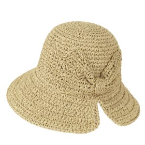 Floppy Straw Sun Hat Foldable Packable Wide Brim Summer Beach Hat Crochet Bucket Hat with Bow for Women (B Beige)