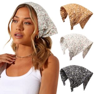 awaytr 3pcs hair bandana for women girls hair scarf headband bandana double layer triangle head kerchief boho hair band (floral - yellow/black/beige)