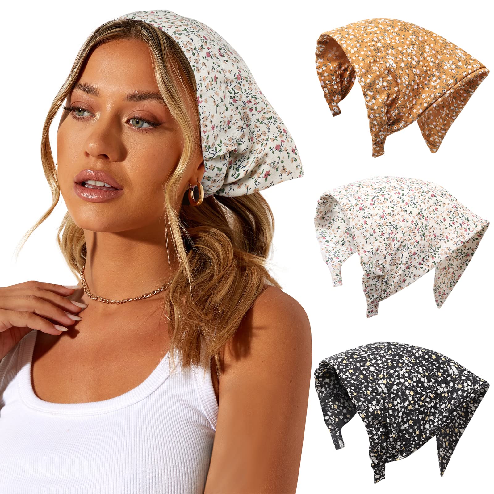 AWAYTR 3pcs Hair Bandana for Women Girls Hair Scarf Headband Bandana Double Layer Triangle Head Kerchief Boho Hair Band (Floral - Yellow/Black/Beige)