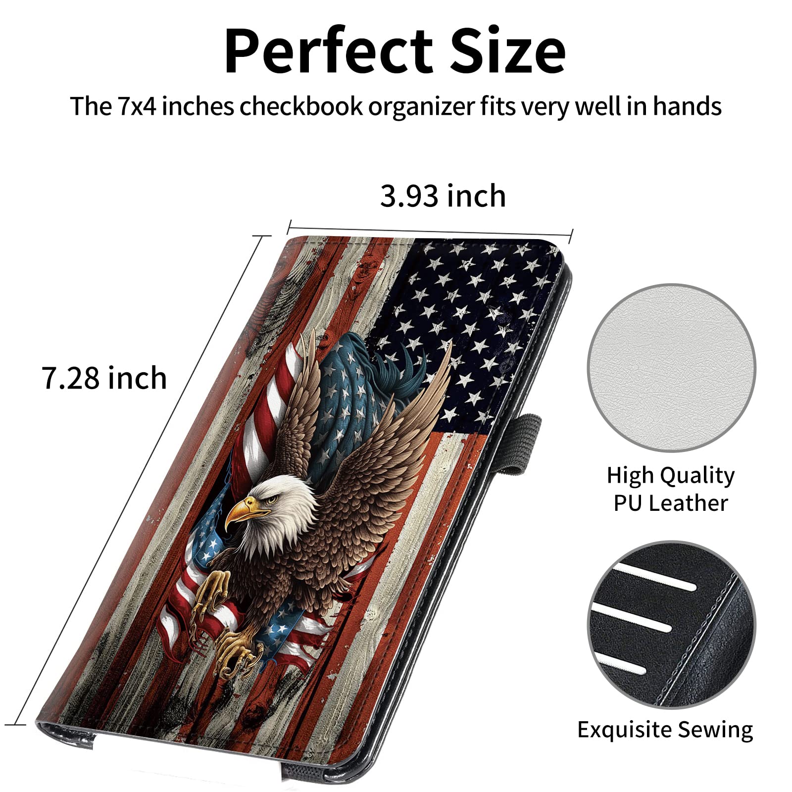 FUYOCWE Leather Checkbook Cover for Men Women Check book Holder Cover Wallets for Personal Checkbook Duplicate Checks with RFID Blocking & Elastic Strap-Bald Eagle with Flag