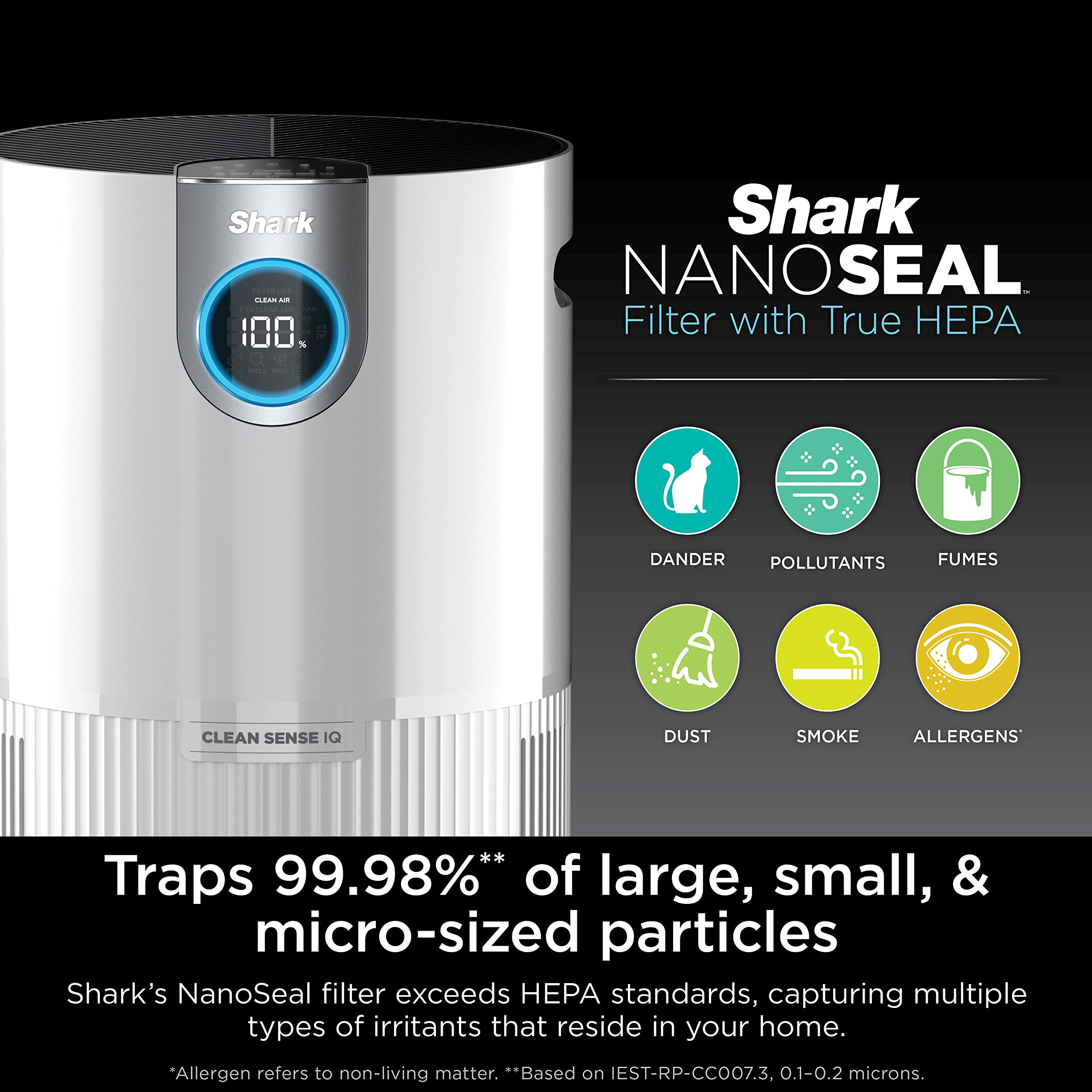 Shark Air Purifier for Home Large Room, Clean Sense Technology, HEPA Air Filter, 1000 Sq Ft, Kitchen, Captures 99.98% of Particles, Pet Dander, Pollutants, Dust, Smoke, Allergens & Smells, HP201