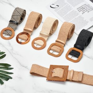 LUCHENGYI Women Straw Woven Elastic Stretch Waist Belt Skinny Boho Ladies Braided Dress Belt With Wooden Style Buckle