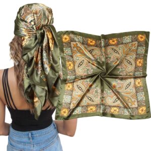 awaytr 35” large square satin head scarf - silk hair scarf square hair bandanas large scarf sleeping head wraps neck scarf for women hair wrap (cashew(deep green))