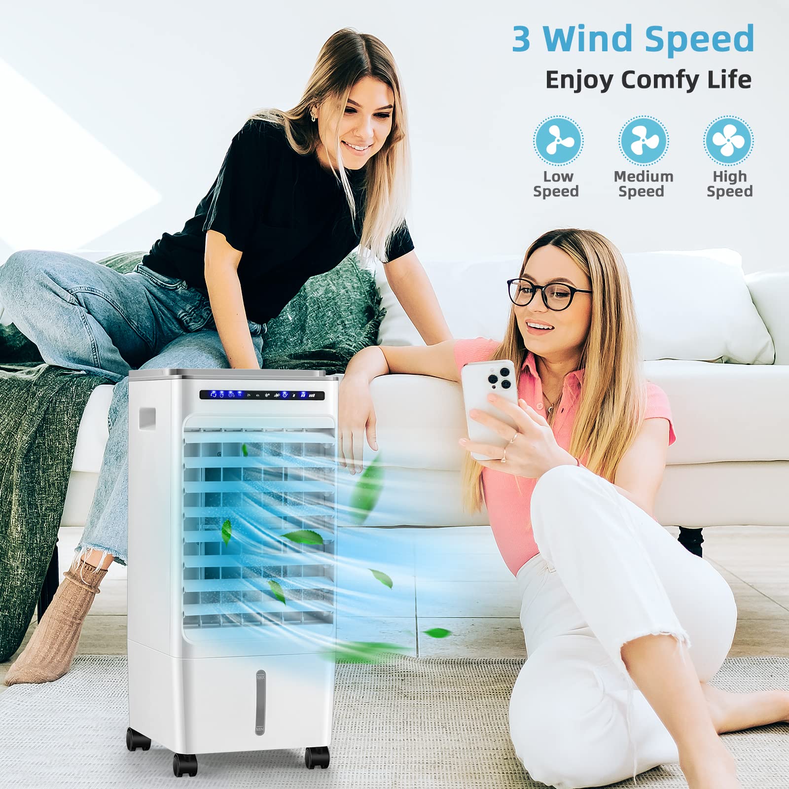 GOFLAME Evaporative Air Cooler Portable, 3-IN-1 Air Cooling Fan with Remote Control and 4 Ice Packs, Air Humidifier with 3 Modes, 3 Speeds and 7H Timer, Bladeless Cooling Fan for Home & Office