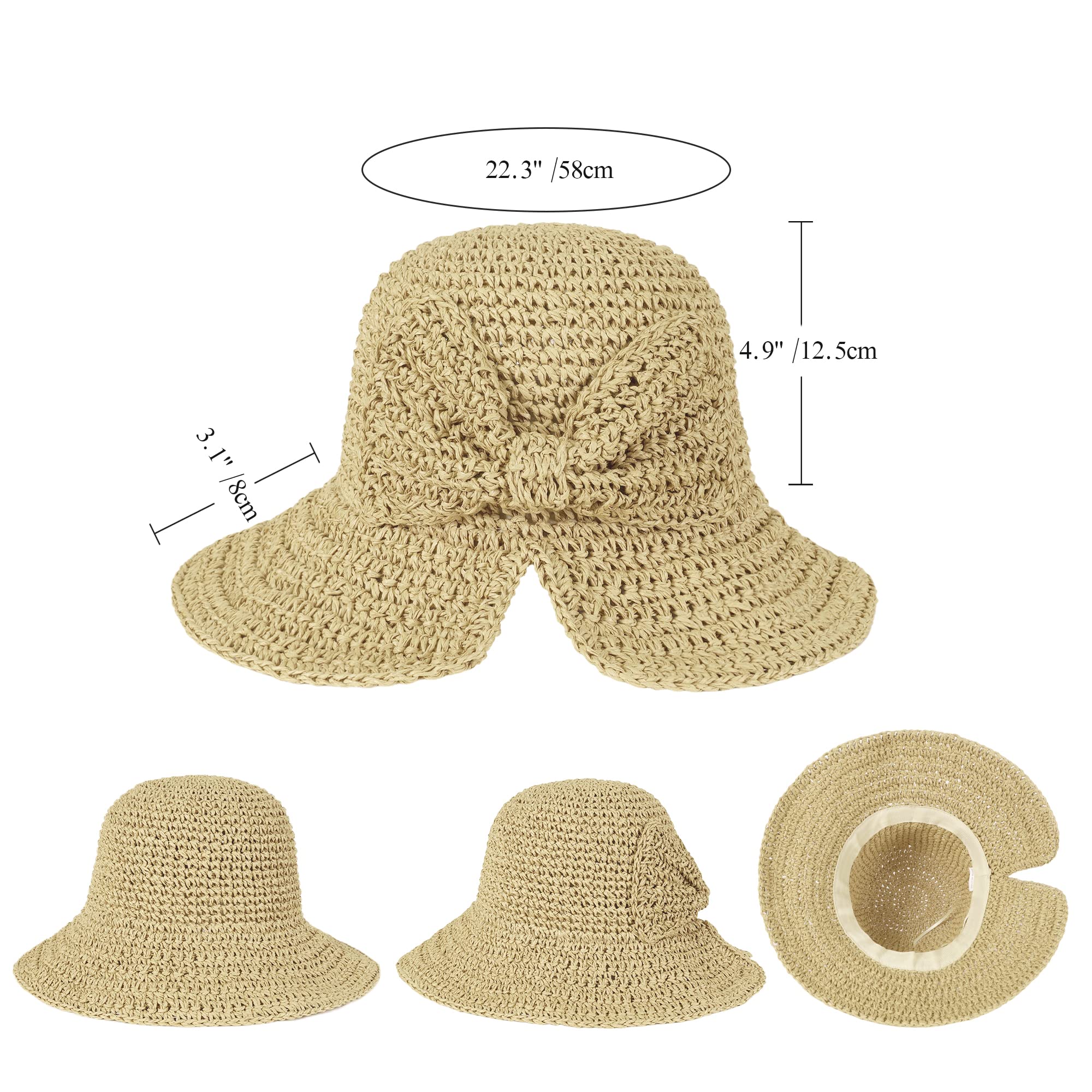 Floppy Straw Sun Hat Foldable Packable Wide Brim Summer Beach Hat Crochet Bucket Hat with Bow for Women (B Beige)