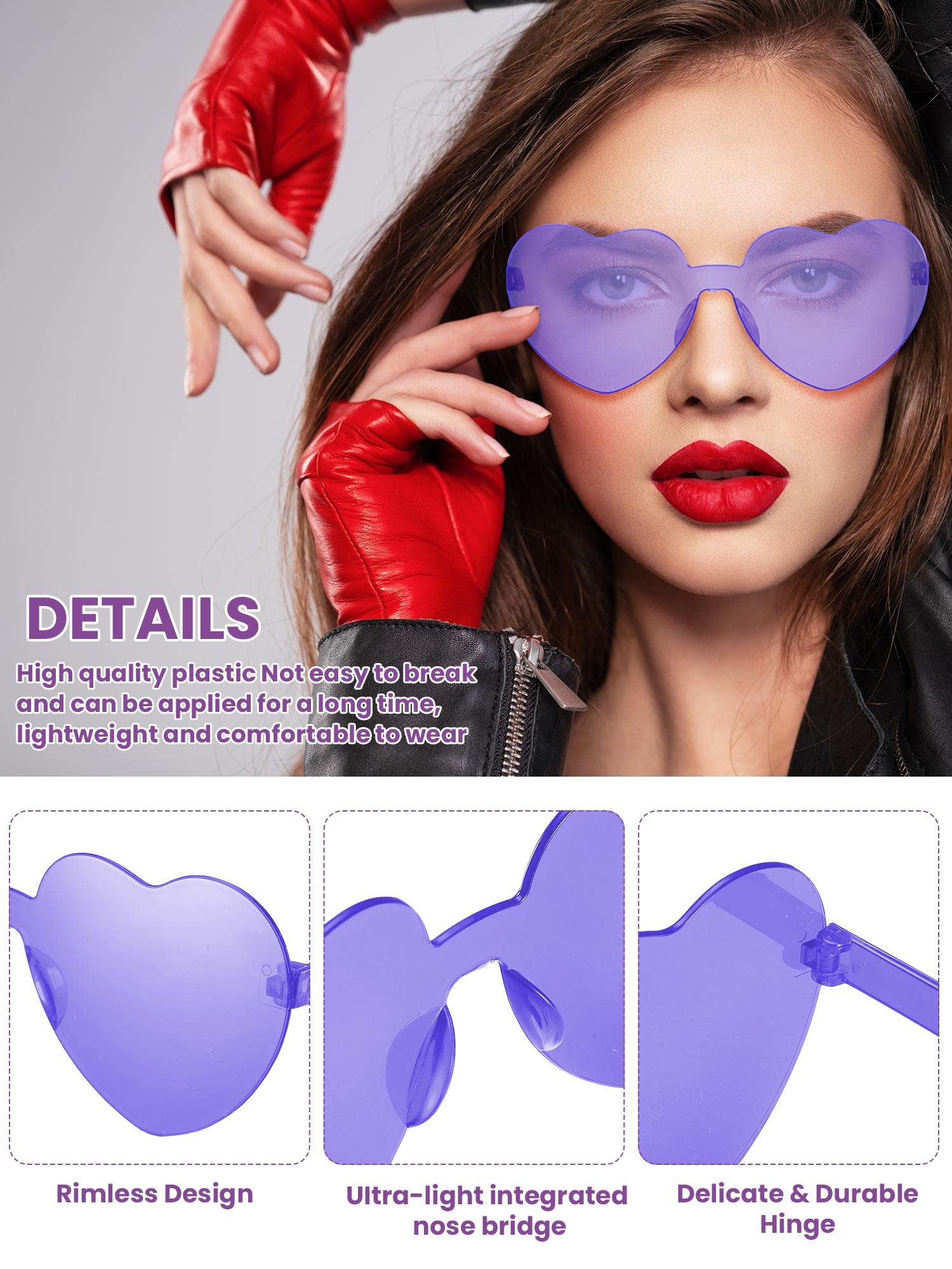 Weewooday 40 Pairs Heart Glasses Rimless Heart Shaped Frameless Sunglasses Transparent Sunglasses Tinted Eyewear(Purple)