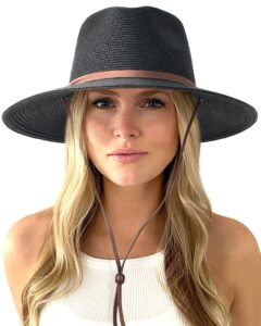 furtalk womens summer straw sun hats wide brim panama fedora beach hat with wind lanyard upf 80+ black