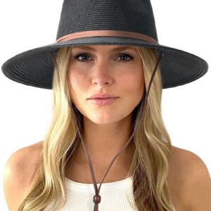 FURTALK Womens Summer Straw Sun Hats Wide Brim Panama Fedora Beach Hat with Wind Lanyard UPF 80+ Black