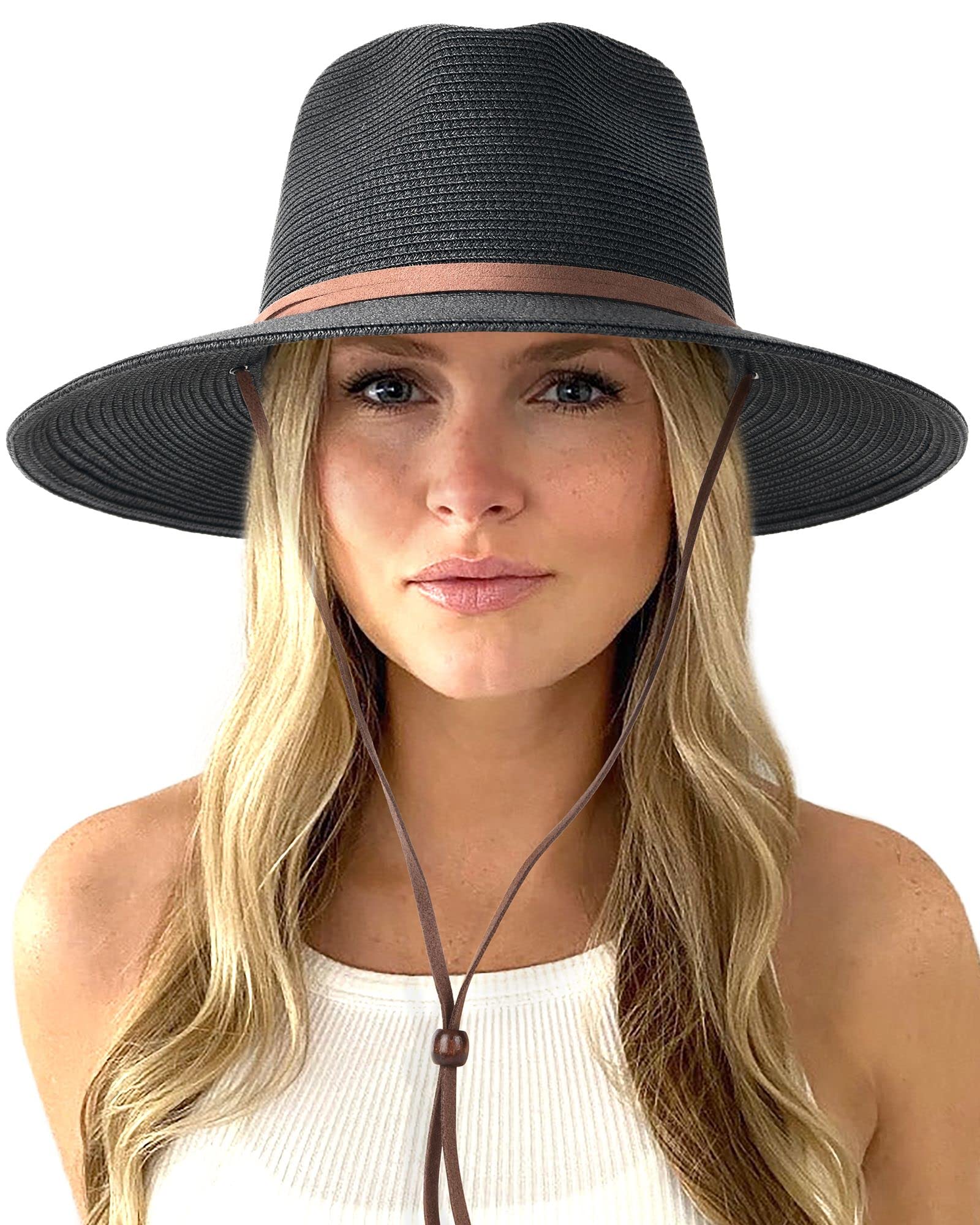 FURTALK Womens Summer Straw Sun Hats Wide Brim Panama Fedora Beach Hat with Wind Lanyard UPF 80+ Black