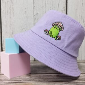 Enodtter Embroidered Frog with Mushroom Bucket Hat for Women Girl Men Kids, Light Purple Embroidery Beach Hat Outdoor Summer Travel Fisherman Cap