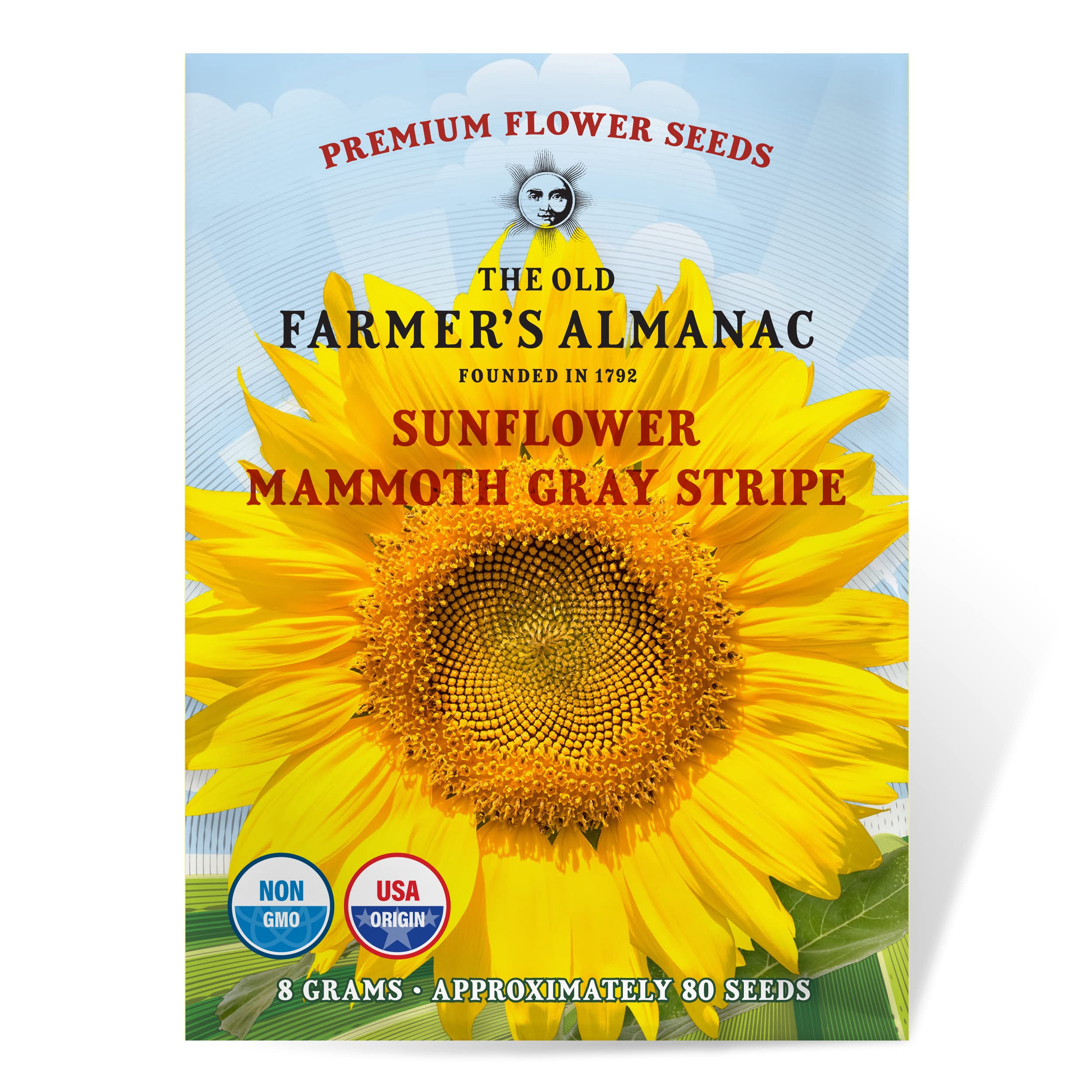 The Old Farmer's Almanac Sunflower Seeds (Mammoth Gray Stripe) - Approx 80 Flower Seeds - Premium Non-GMO, Open Pollinated, USA Origin