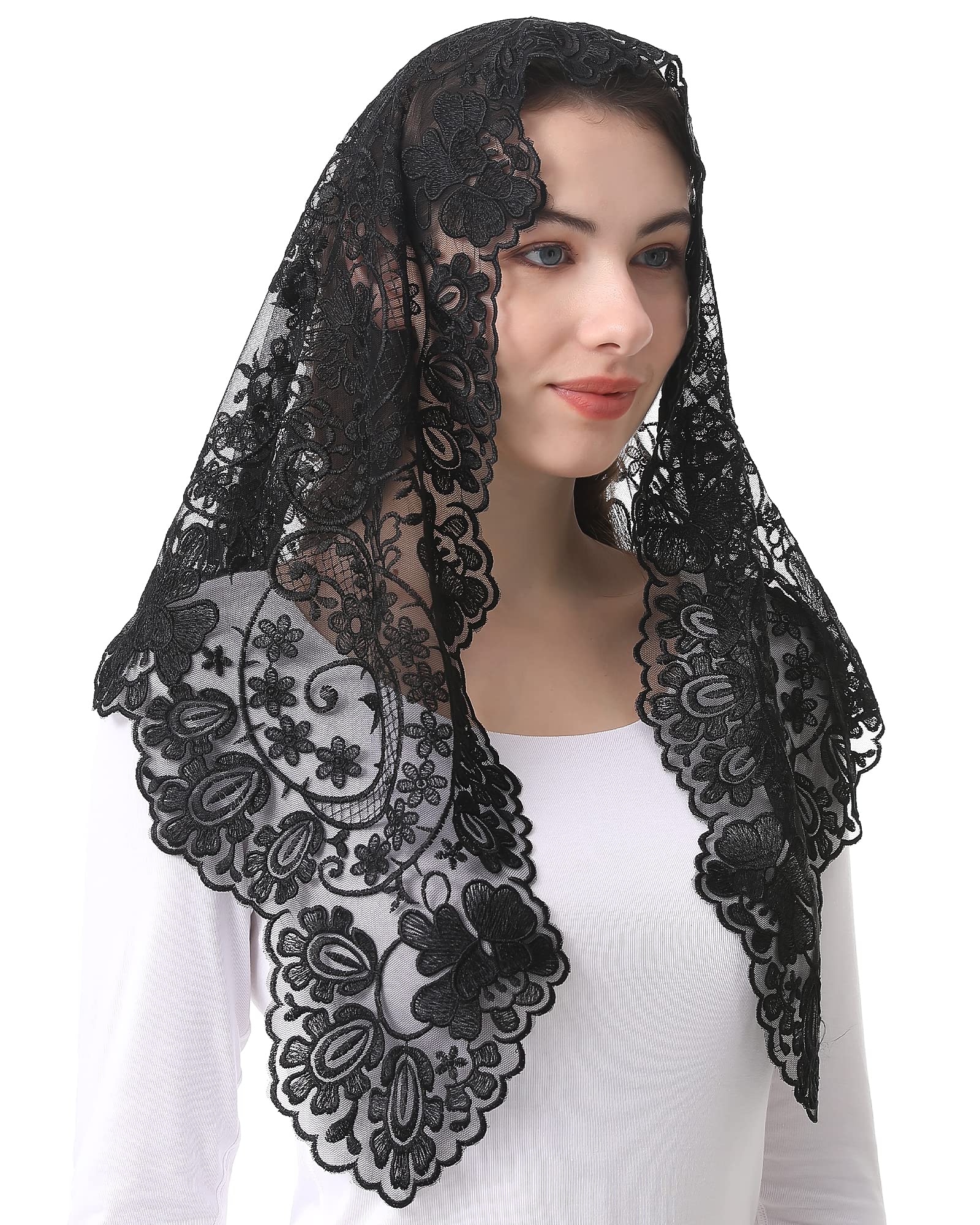 Bozidol Chapel Orthodox Head Coverings Mass Veils for Funeral Vintaged Soft Lace Mantilla Iglesia Velos with Gift Box (Black)