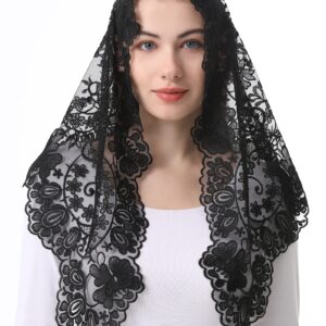 Bozidol Chapel Orthodox Head Coverings Mass Veils for Funeral Vintaged Soft Lace Mantilla Iglesia Velos with Gift Box (Black)