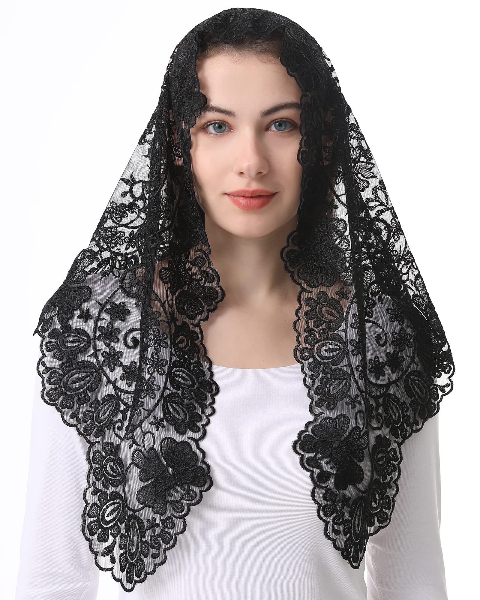 Bozidol Chapel Orthodox Head Coverings Mass Veils for Funeral Vintaged Soft Lace Mantilla Iglesia Velos with Gift Box (Black)