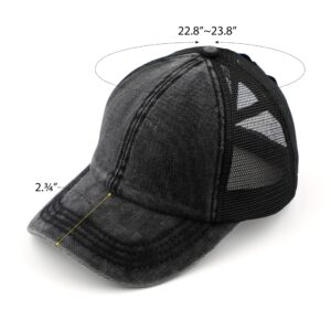 C.C Exclusives Stone Washed Distressed Cotton Criss-Cross Ponytail Hat Adjustable Baseball Cap (BT-1009) (A Crossed Elastic Band-Stone Washed_Black)