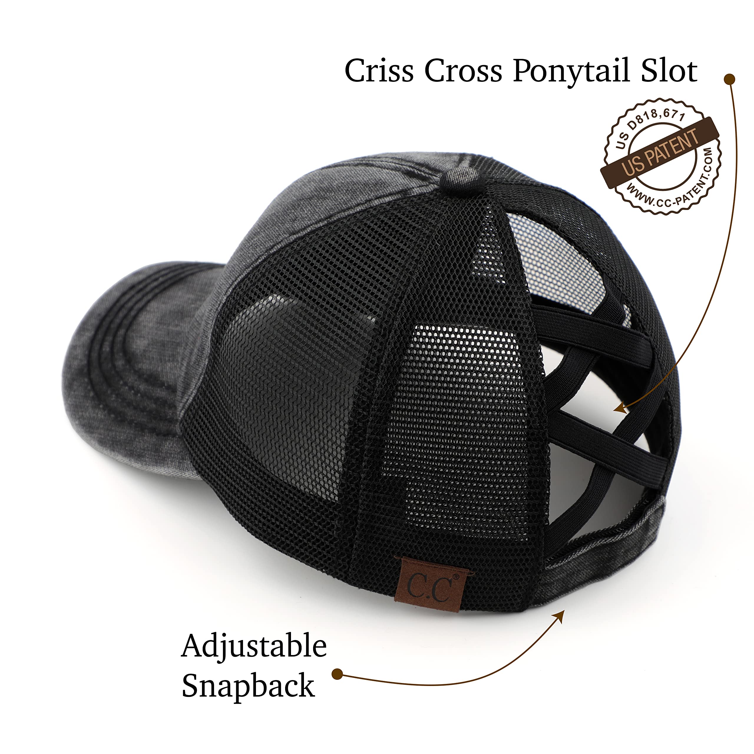 C.C Exclusives Stone Washed Distressed Cotton Criss-Cross Ponytail Hat Adjustable Baseball Cap (BT-1009) (A Crossed Elastic Band-Stone Washed_Black)