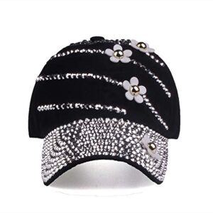 LUCKYBUNNY Women Bling Baseball Cap with Flower, Vintage Adjustable Low-Profile Dad Hat Sport Strapback Caps for Ladies Black