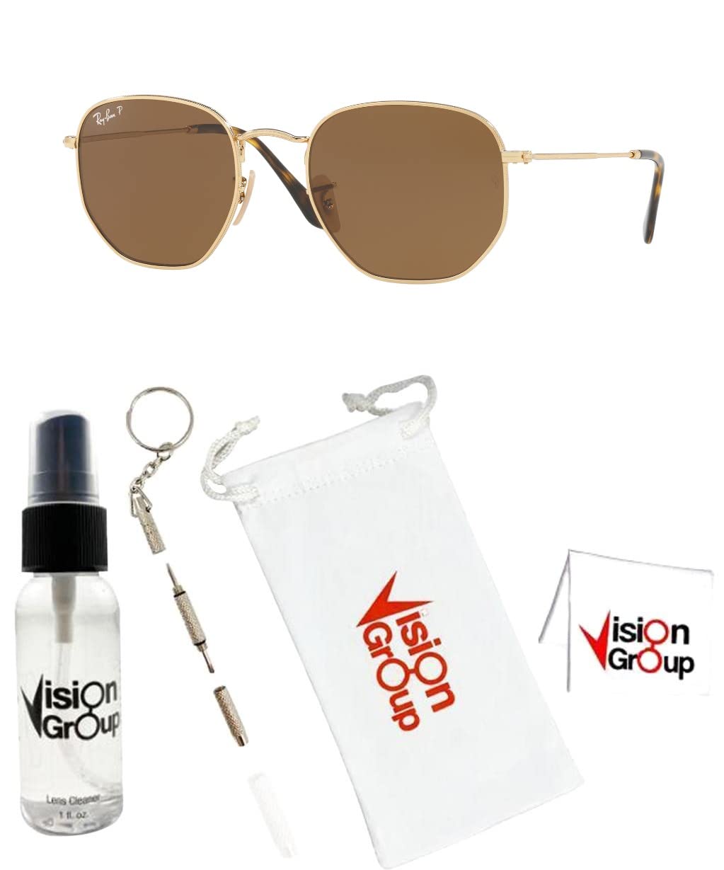 Ray-Ban RB3548N Hexagonal Sunglasses+ Vision Group Accessories Bundle (Arista/Crystal Brown Polarized(001/57), 51, Millimeters)