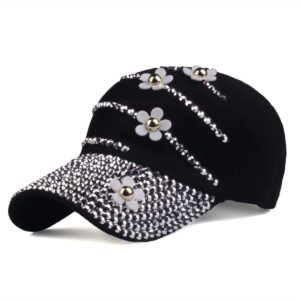 luckybunny women bling baseball cap with flower, vintage adjustable low-profile dad hat sport strapback caps for ladies black