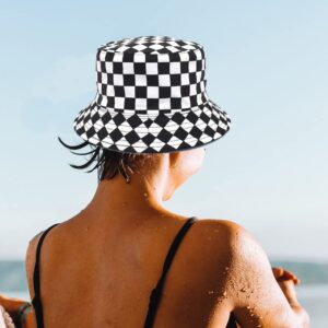 Unisex Bucket Hat Black Checkered Print Double-Side-Wear Reversible White Sun Hat for Women Men,Black Packable Fisherman Hat for Teen, Summer Vacation Travel Beach Outdoor Wide Brim Cap