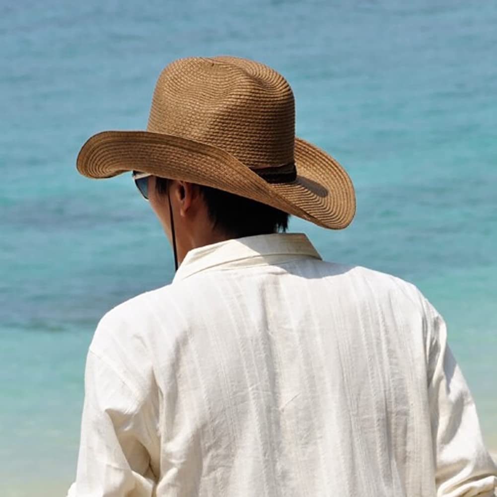 Straw Cowboy Hat for Men Women Beach Sun Hat Wide Brim Panama Fedora Hat Outdoor Foldable Summer Straw Hat Western Style (Khaki)