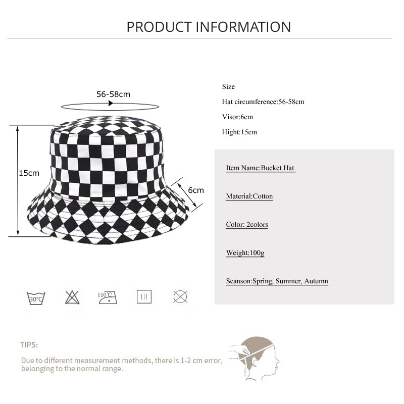 Unisex Bucket Hat Black Checkered Print Double-Side-Wear Reversible White Sun Hat for Women Men,Black Packable Fisherman Hat for Teen, Summer Vacation Travel Beach Outdoor Wide Brim Cap