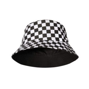 unisex bucket hat black checkered print double-side-wear reversible white sun hat for women men,black packable fisherman hat for teen, summer vacation travel beach outdoor wide brim cap