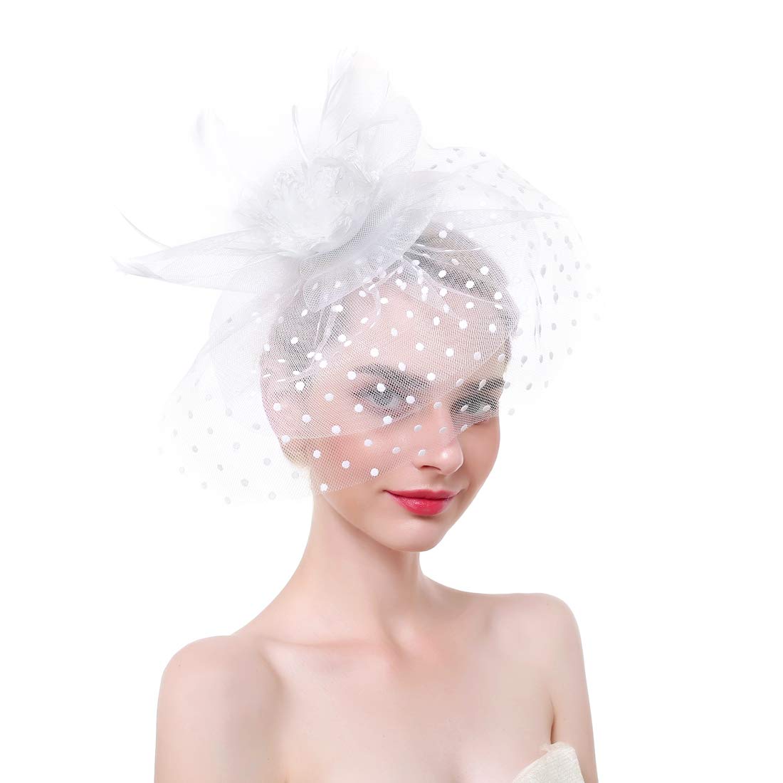 ZONETEN Kentucky Derby Pillbox Hat Wedding Flower Cocktail Mesh Church Fascinators Hat for Women Tea Party（White）