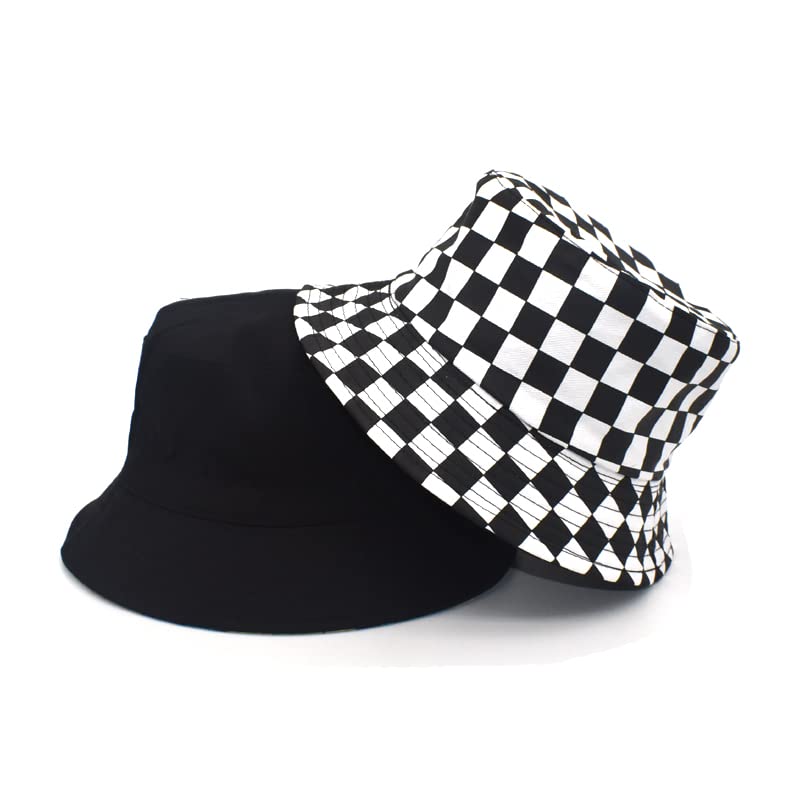 Unisex Bucket Hat Black Checkered Print Double-Side-Wear Reversible White Sun Hat for Women Men,Black Packable Fisherman Hat for Teen, Summer Vacation Travel Beach Outdoor Wide Brim Cap