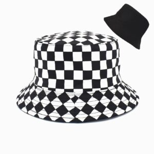 Unisex Bucket Hat Black Checkered Print Double-Side-Wear Reversible White Sun Hat for Women Men,Black Packable Fisherman Hat for Teen, Summer Vacation Travel Beach Outdoor Wide Brim Cap