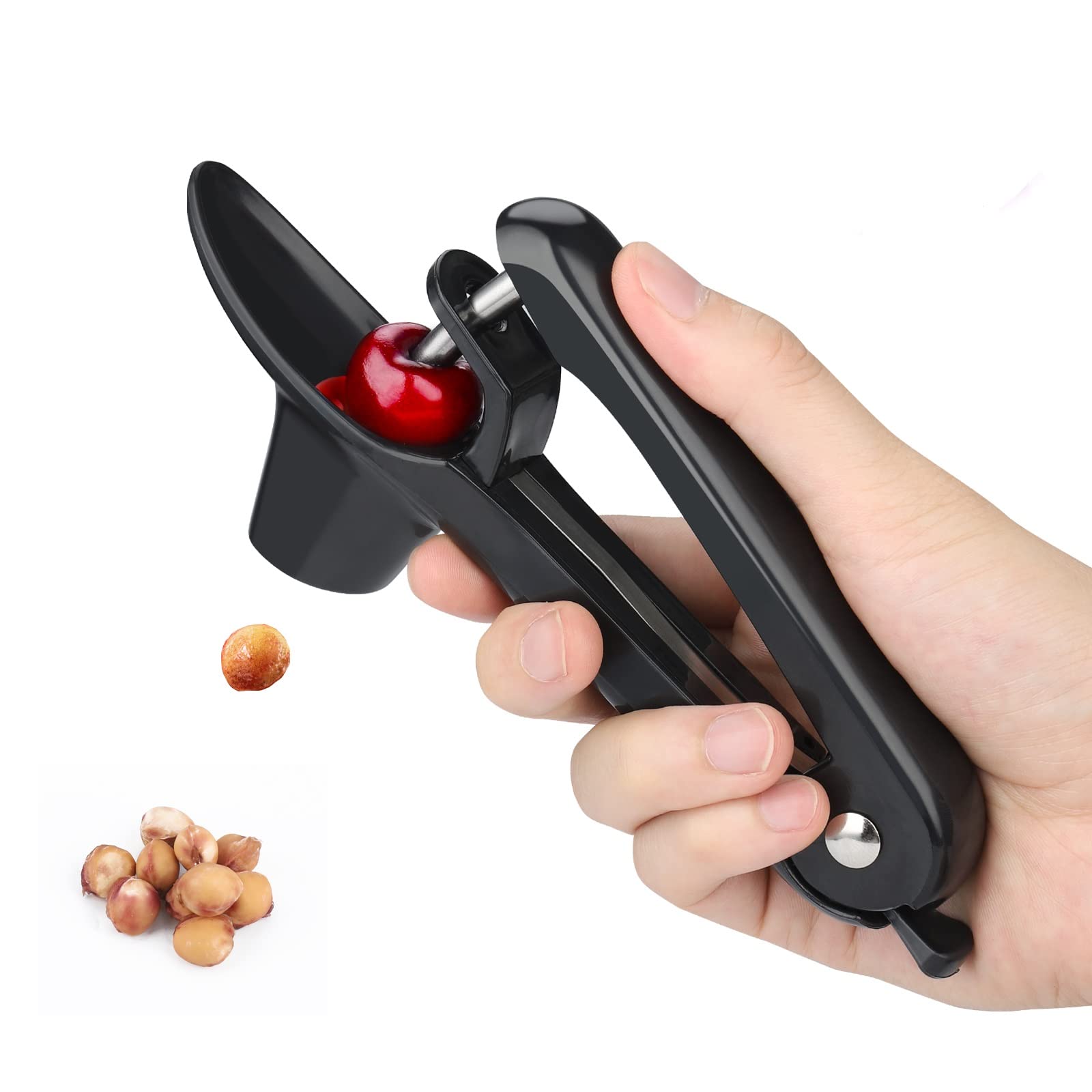 Firjuty Cherry Pitter - Heavy-Duty Olive and Cherry Pitters Corer Tool with Space-Saving Lock Design, Multi-Function Cherries Stoner Seed Remover Tool for Making Cherry Jam (Black)