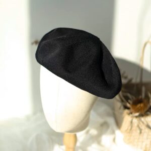 Gllutt Summer Knitted Thin Beret Hat for Women Size Adjustable French Style Solid Color (Thin Black)