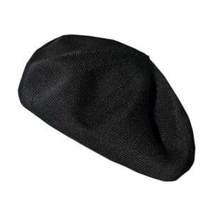 gllutt summer knitted thin beret hat for women size adjustable french style solid color (thin black)