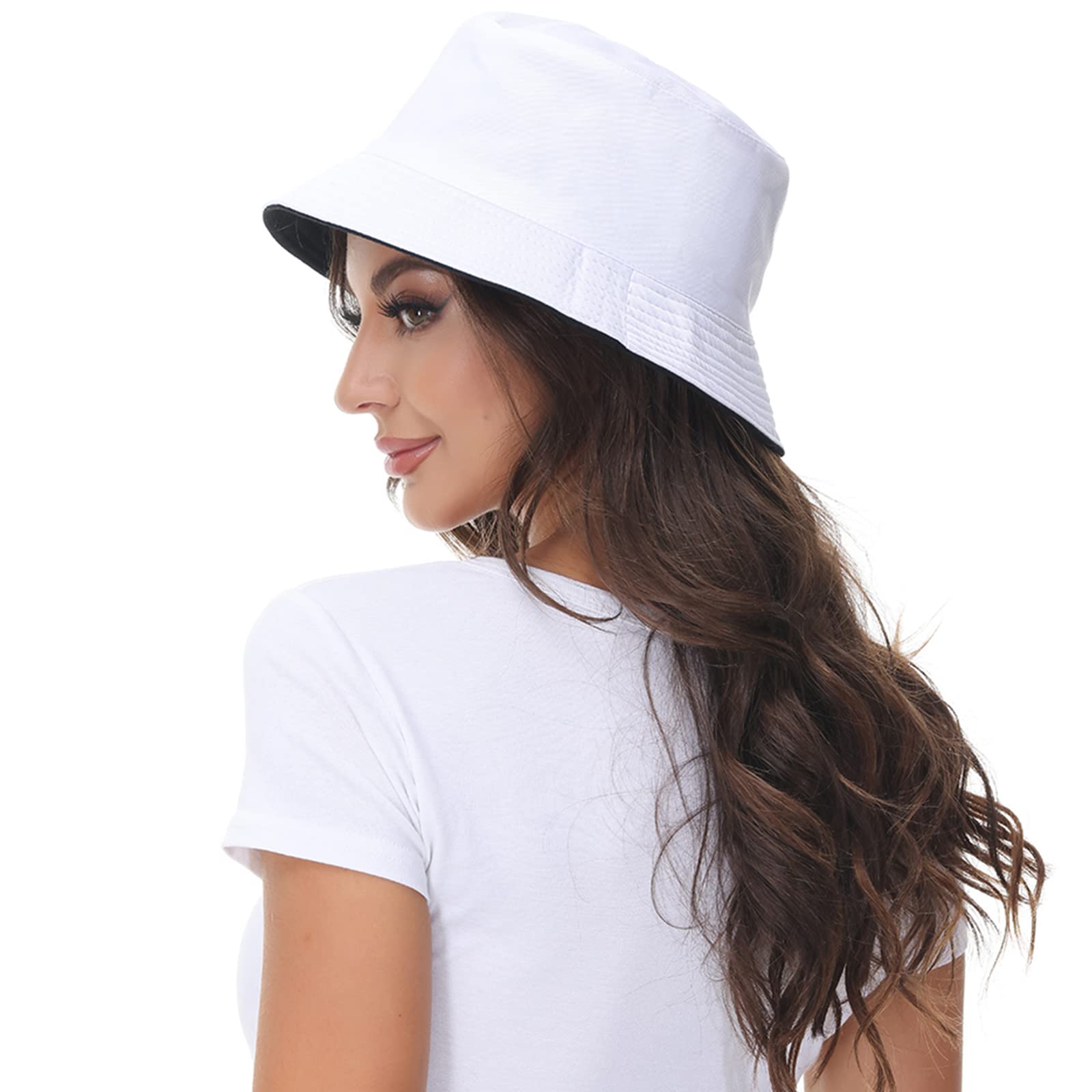 Women Reversible Bucket Hat, Summer Sun Hat for Women, Black- White