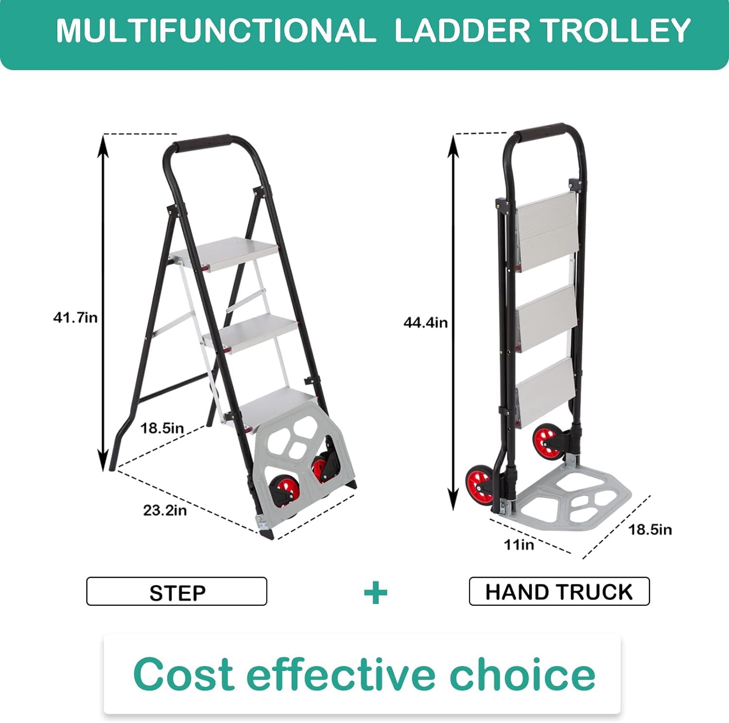 LEADALLWAY 3 Step Ladder Dolly Cart 2-in-1 Portable No-Slip Folding Step Stool