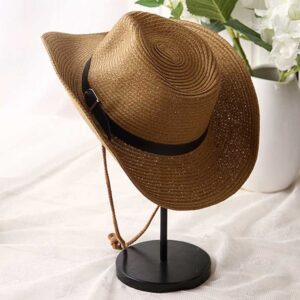 Straw Cowboy Hat for Men Women Beach Sun Hat Wide Brim Panama Fedora Hat Outdoor Foldable Summer Straw Hat Western Style (Khaki)