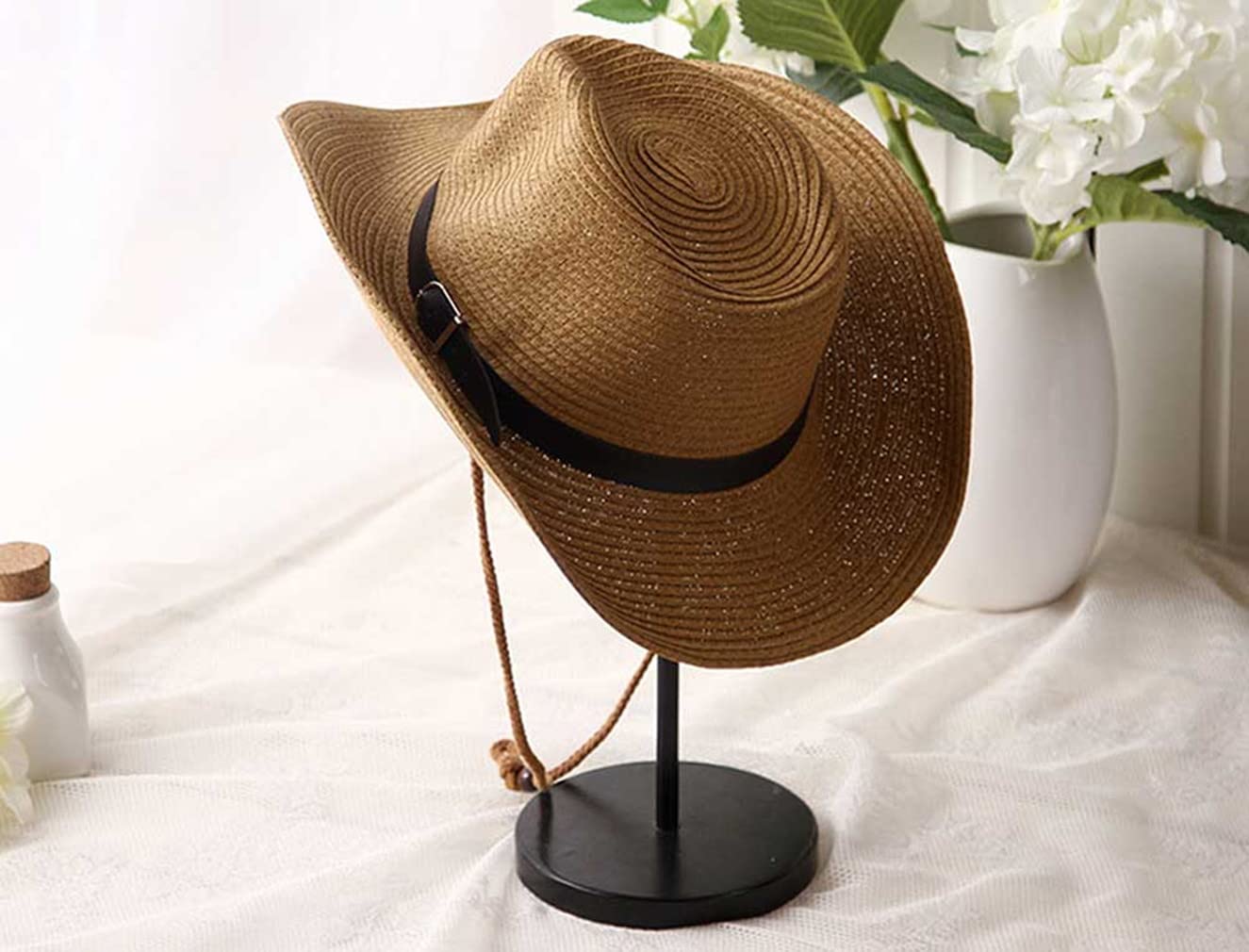 Straw Cowboy Hat for Men Women Beach Sun Hat Wide Brim Panama Fedora Hat Outdoor Foldable Summer Straw Hat Western Style (Khaki)